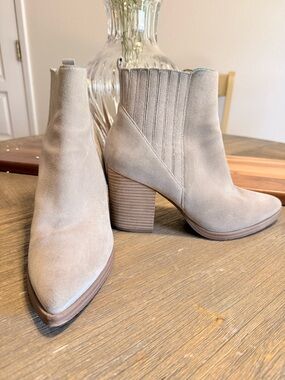 Marc Fisher Taupe Suede Stacked Heel Ankle Boots